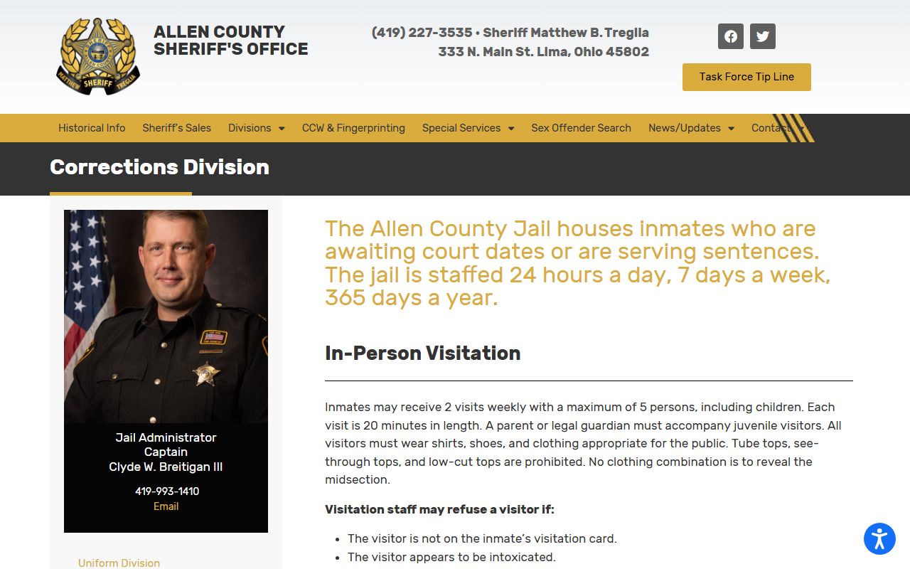 Allen County Jail corrections division inmate information page