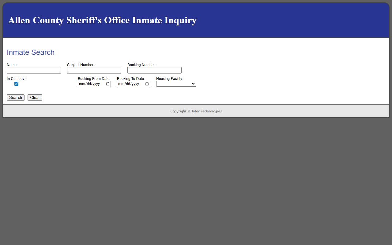 Allen County inmate population roster search form