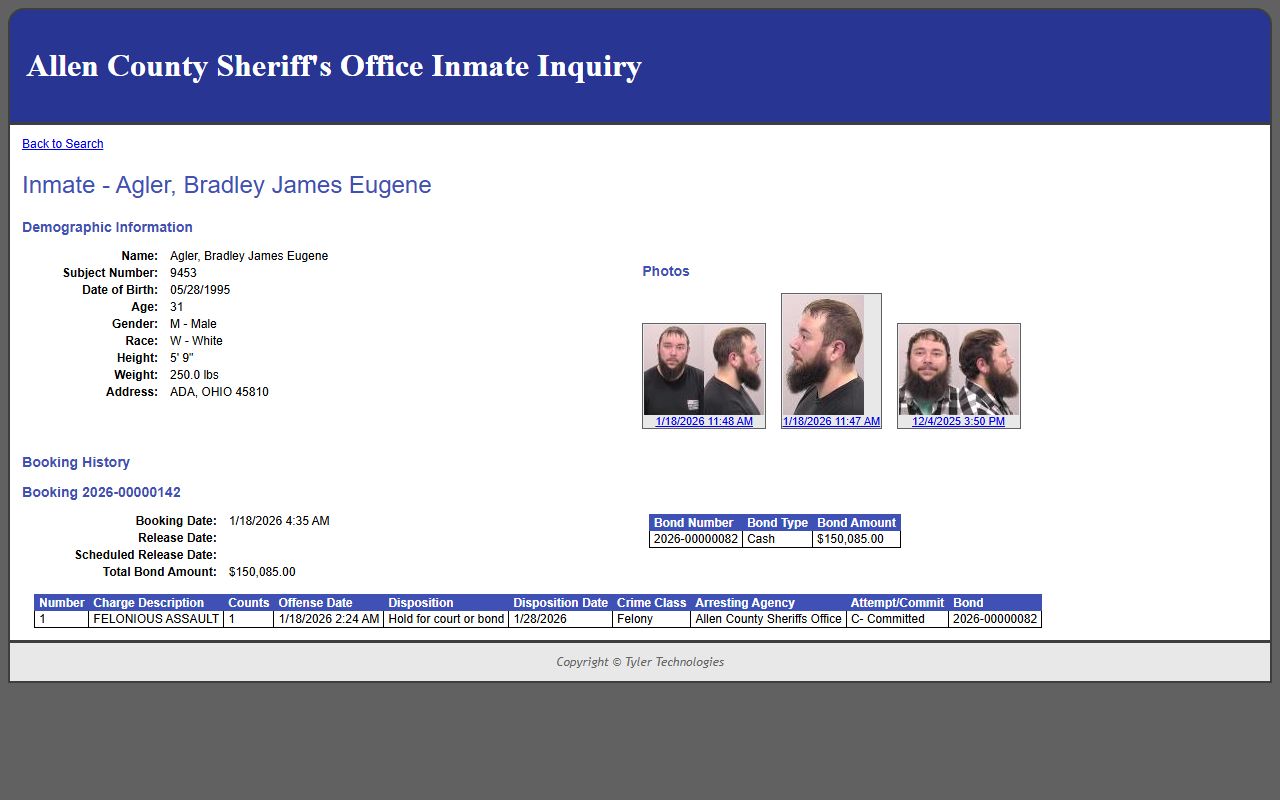 Allen County jail mugshots and booking photo profile fields